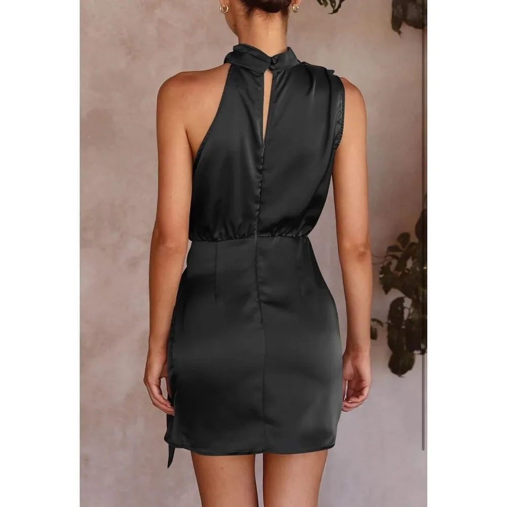 NEW Satin Elegant Sleeveless Mock Neck Cocktail Mini Dress M Red Size M - Image 2