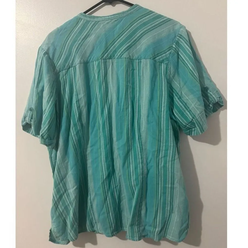 Dressbarn Womens 100% Cotton Blue Striped Button Front Shirt sz 22 Beachy‎ Light - Image 3
