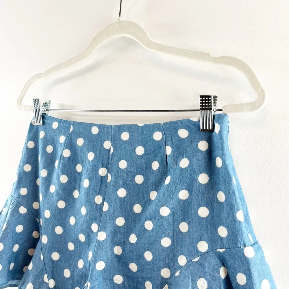 AQUA Polka Dot Ruffle Hem Flutter Denim Shorts Blue White Medium - Image 7