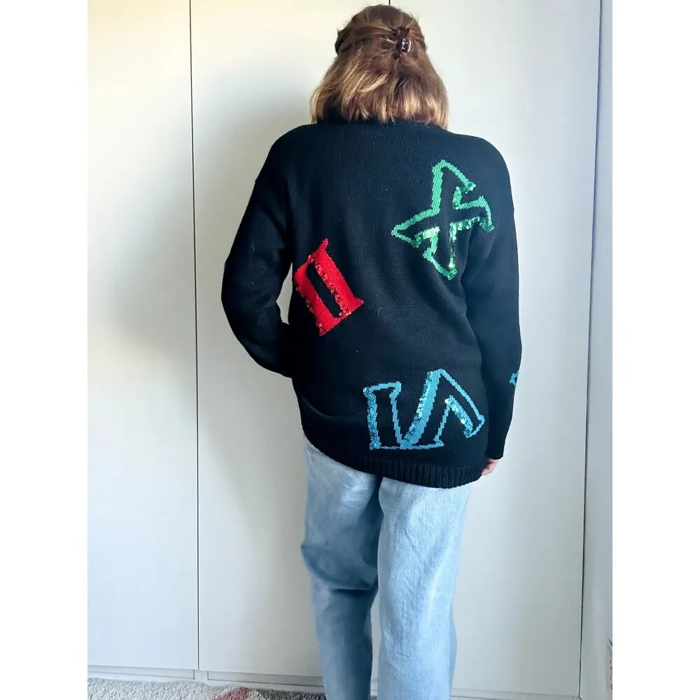 Vintage 90s Sweater Chaus Sport Size Black Sequin Roman Numerals Unique - Image 8