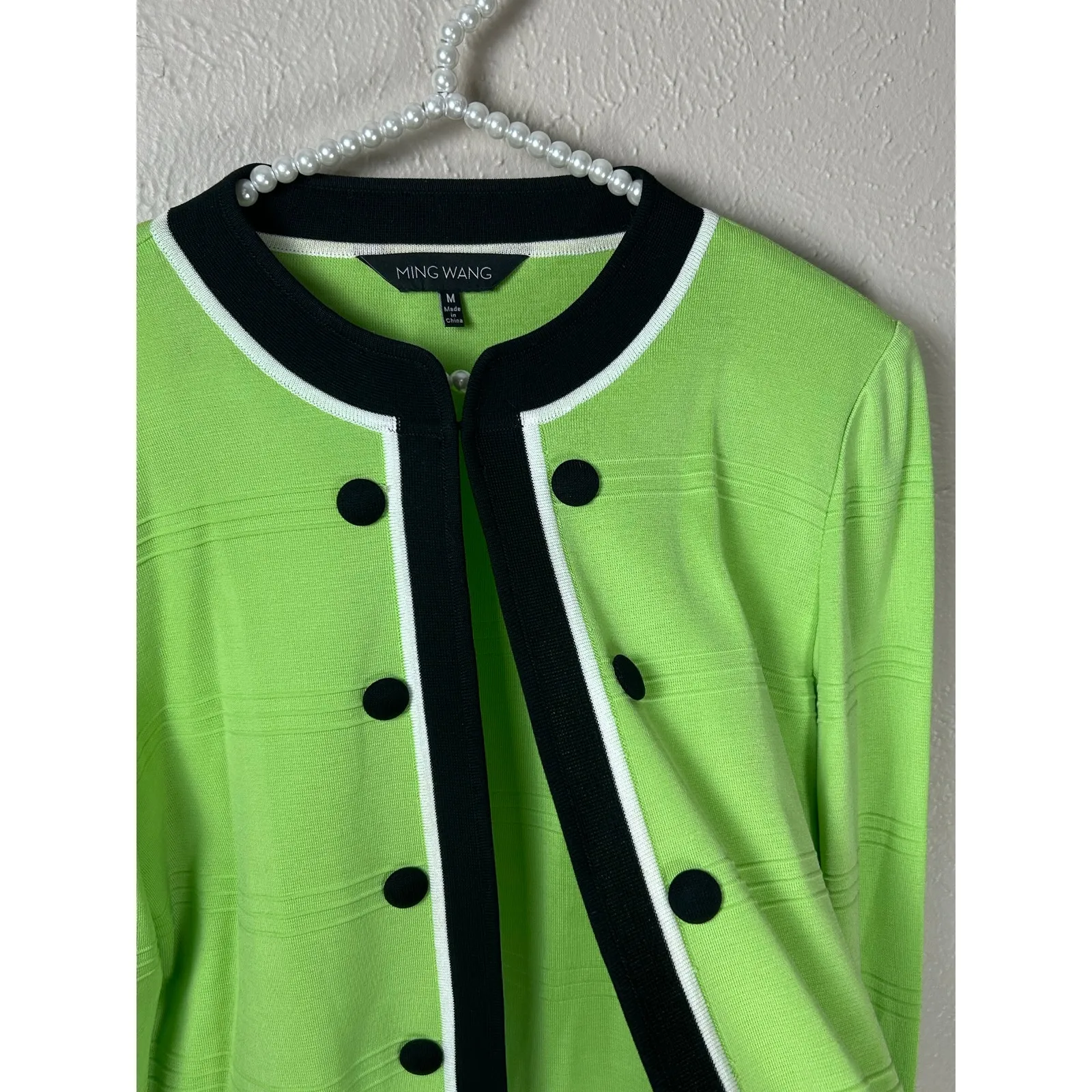Ming Wang Cardigan Blazer Size Medium Preppy Green Black Knit Jacket TINY FLAW - Image 5