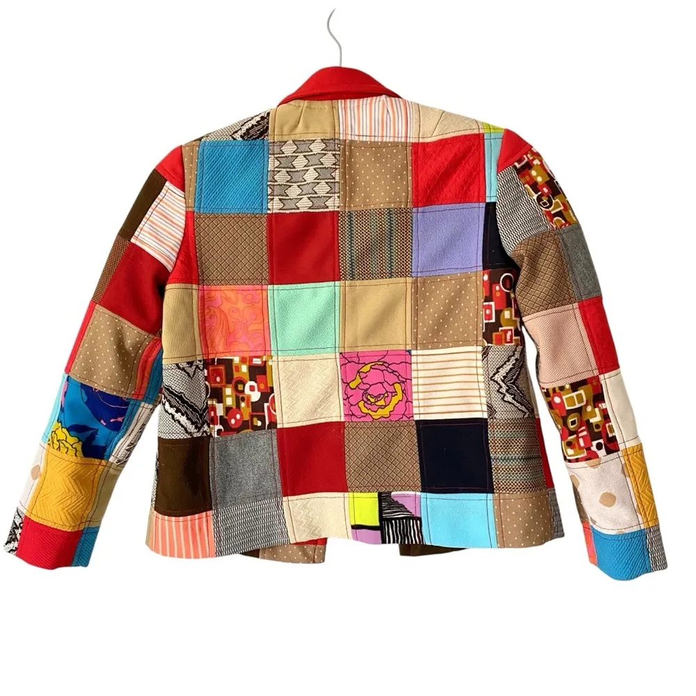 Vintage 70s Handmade Groovy Polyester Patchwork Blazer Jacket Petite XS size 0 Red - Image 5