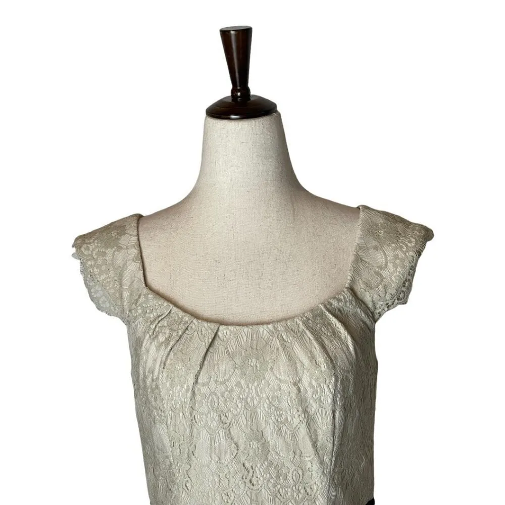 Maggy London Ivory And Black Lace Overlay Cap Sleeve Sheath Peplum‎ Dress Size 6 - Image 3