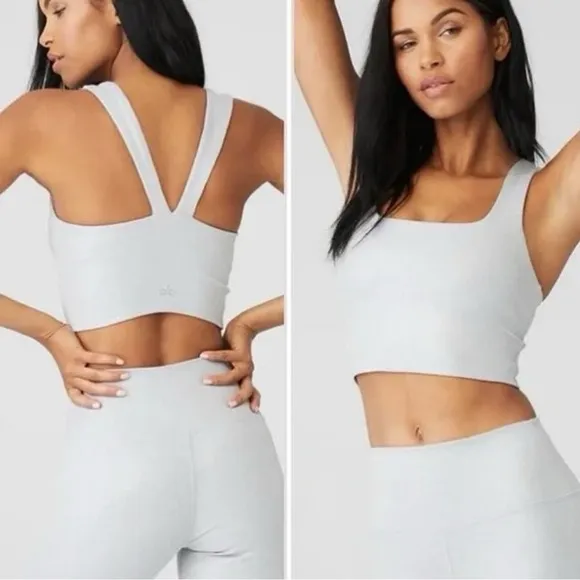 ALO Ribbed Alosoft Longline Sports Bra Athletic Heather squareneck chic tank top - Image 6