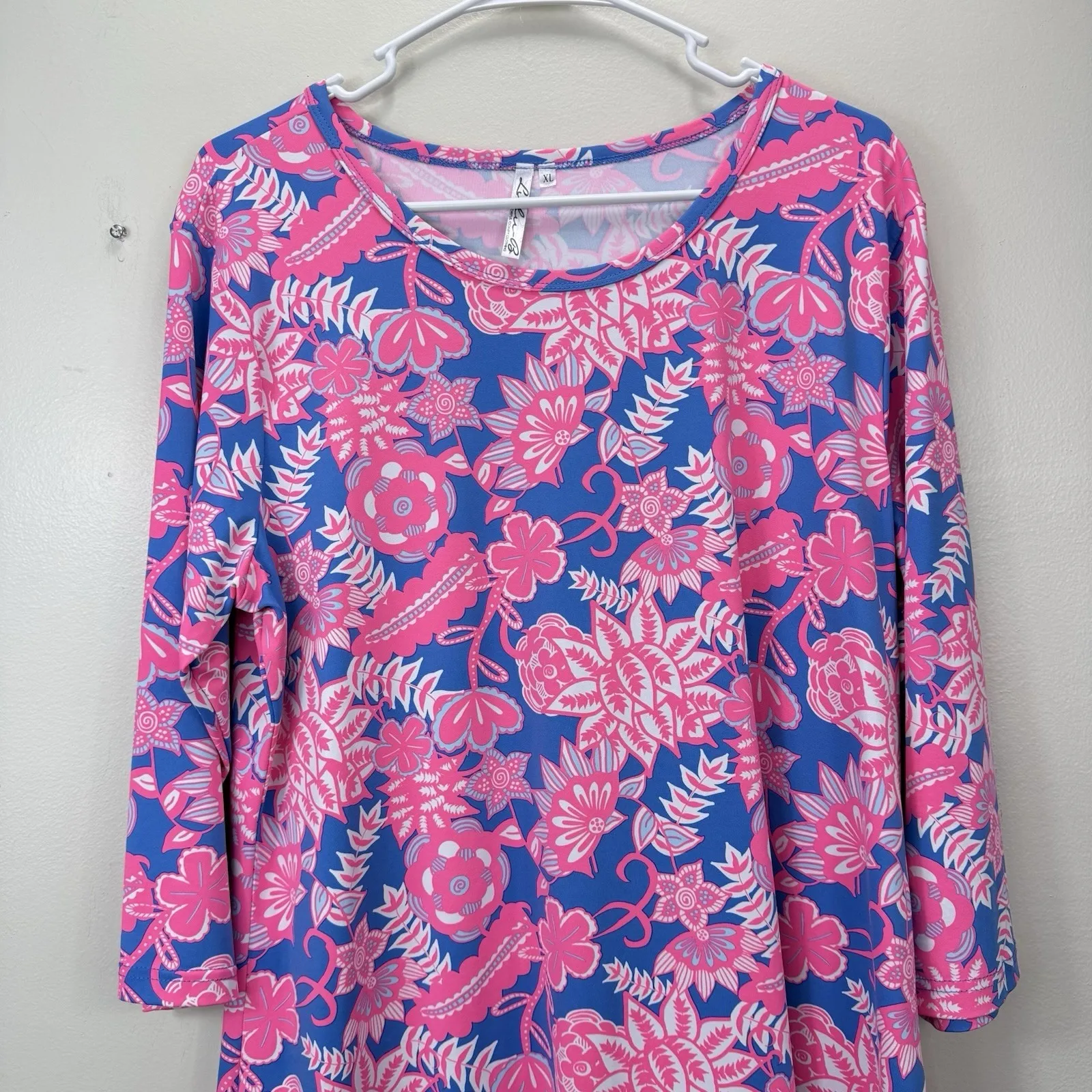 Lulu B Pink Blue Tropical Floral 3/4 Sleeve Shift Dress Size XL Resort Cruise Size L - Image 4