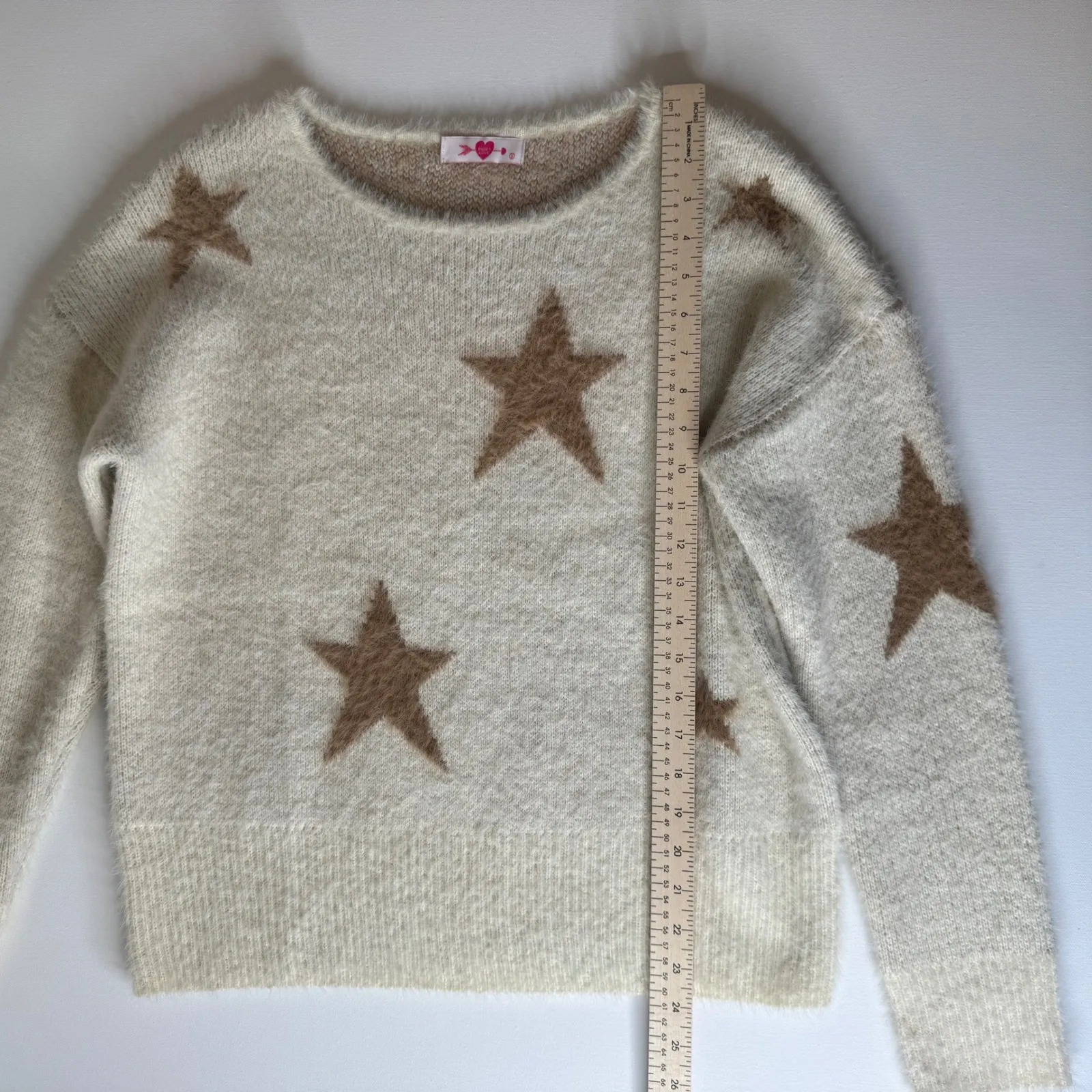 Buddy Love Womens Star Print Eyelash Knit Sweater Sz Small Pullover Fuzzy Comfy Brown - Image 6