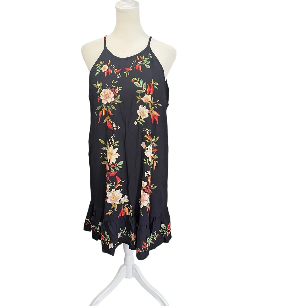 Farm Rio Black Floral Embroidered Ruffle Hem Mini Dress | Size M - Image 2