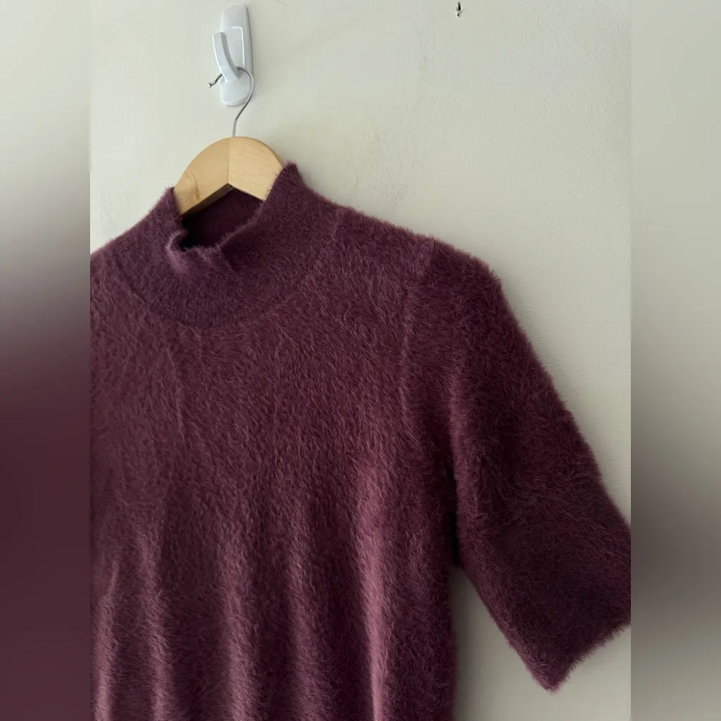 Bailey 44 Plum Burgundy Fuzzy Faux Fur Mock Neck Short Sleeve Pullover Top - Image 2