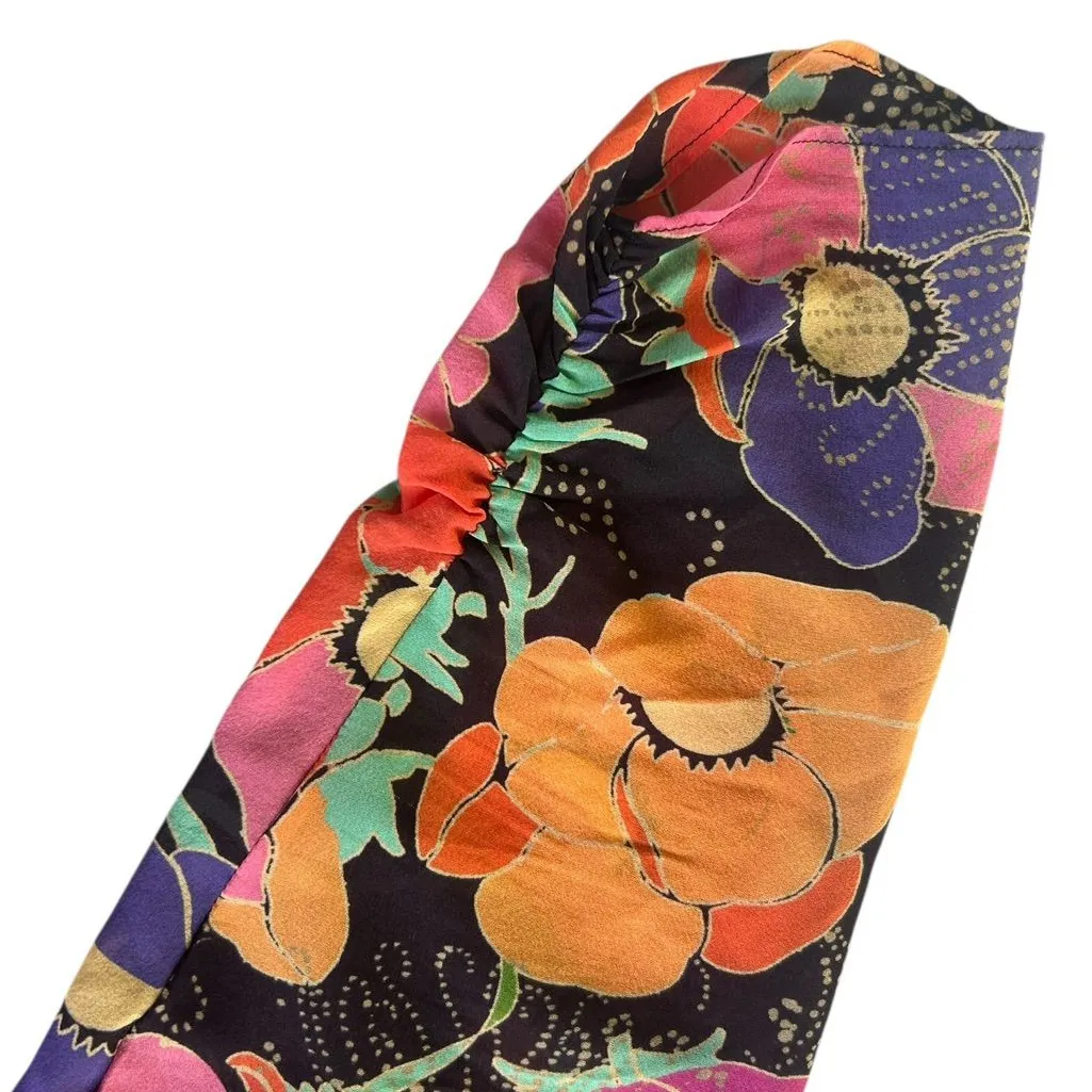 RIXO Silk Golden Floral Ruched Deep V Neck Dress Size 6 Boho Glam Psychedelic Black - Image 7