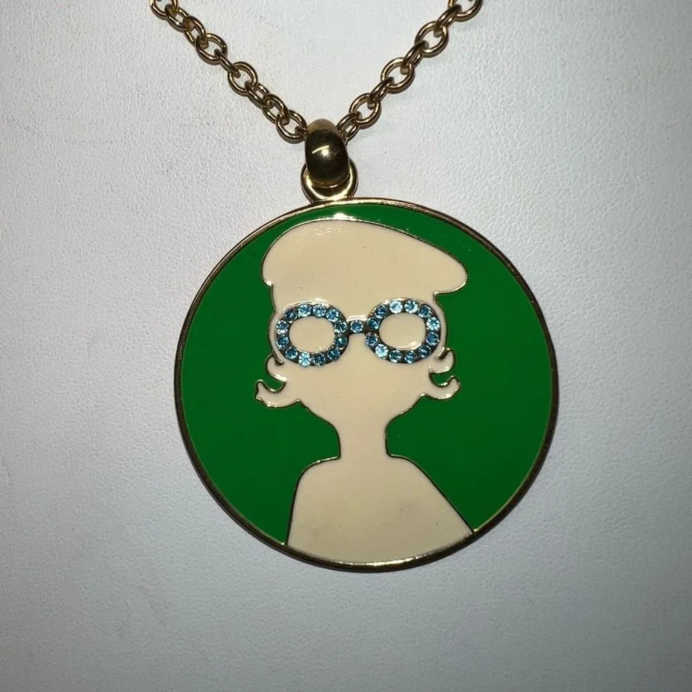 Vintage‎ EsMor Rhinestone Spectacled Funky Lady Pendant Green - Image 2