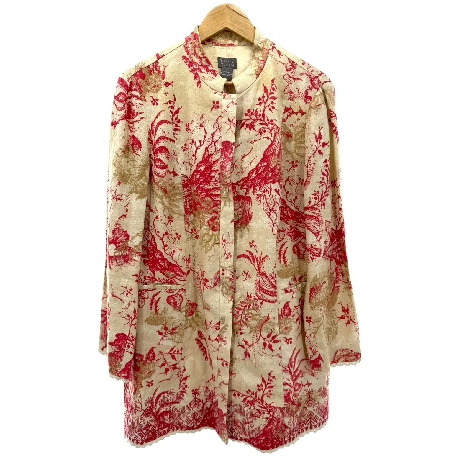 Sigrid Olsen Linen Jacket L Red Beige Bird Butterfly Tapestry Coat Boho Artsy - Image 10