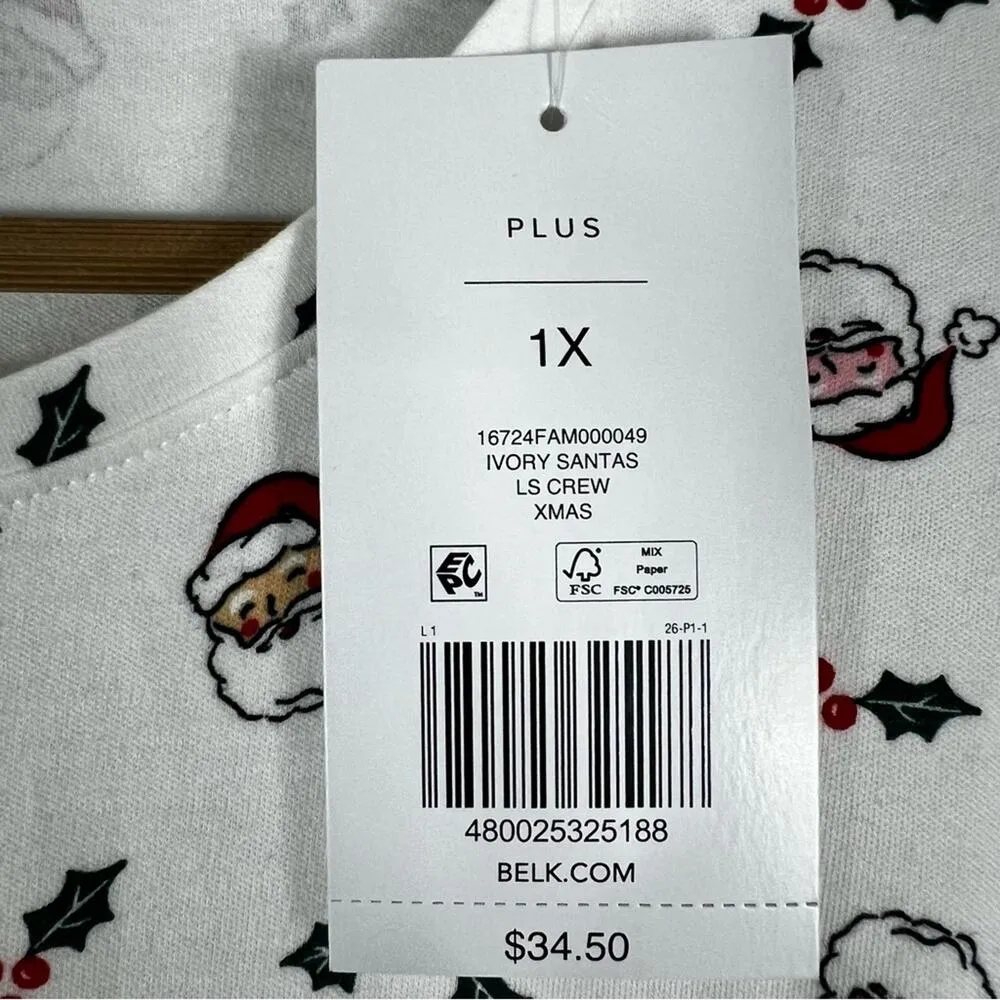 NWT Kim Rogers Pajama Top Women 1X White Santa Long Sleeve 100% Cotton Christmas - Image 5