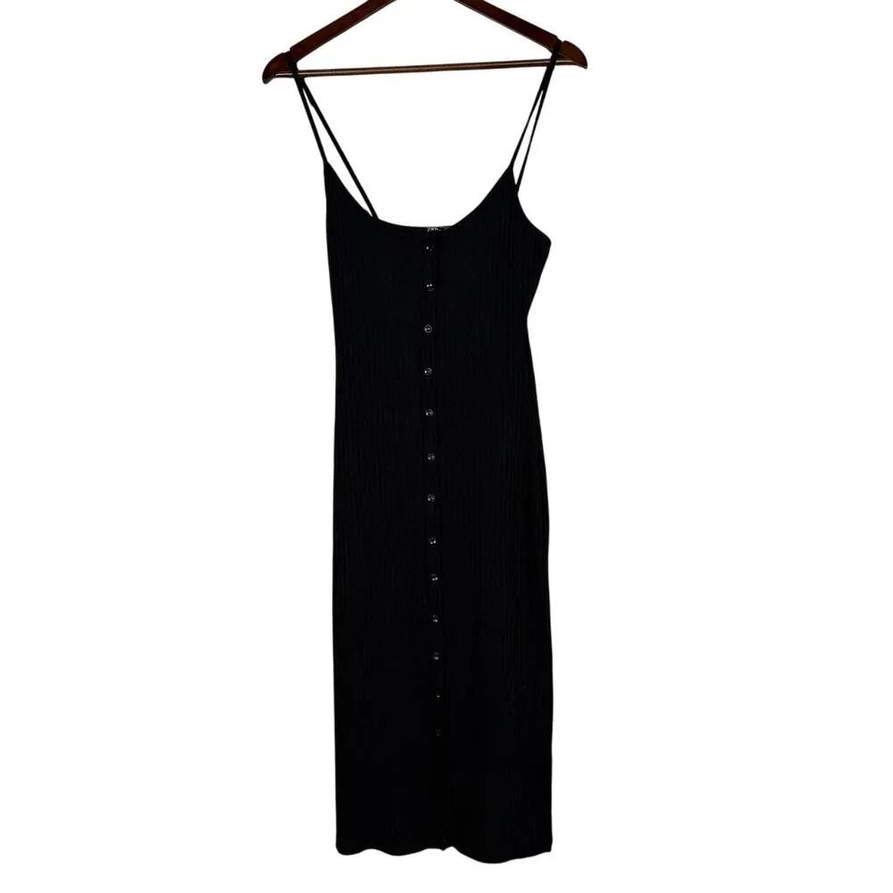 ZARA Ribbed Bodycon Midi Dress Strappy Stretch Slim Round Neck M Black #3472 - Image 3