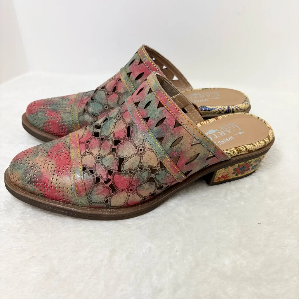 L'Artiste Spring‎ Step Rosalinda Mules Multicolor Leather Floral Cutout  Size 39 - Image 5