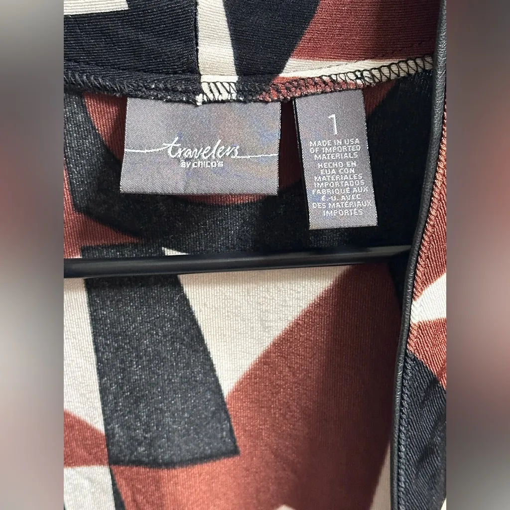 Chico’s Travelers Geometric Wrap Cardigan Faux Leather Trim Mahogany Women’s 1/M Brown Size M - Image 3