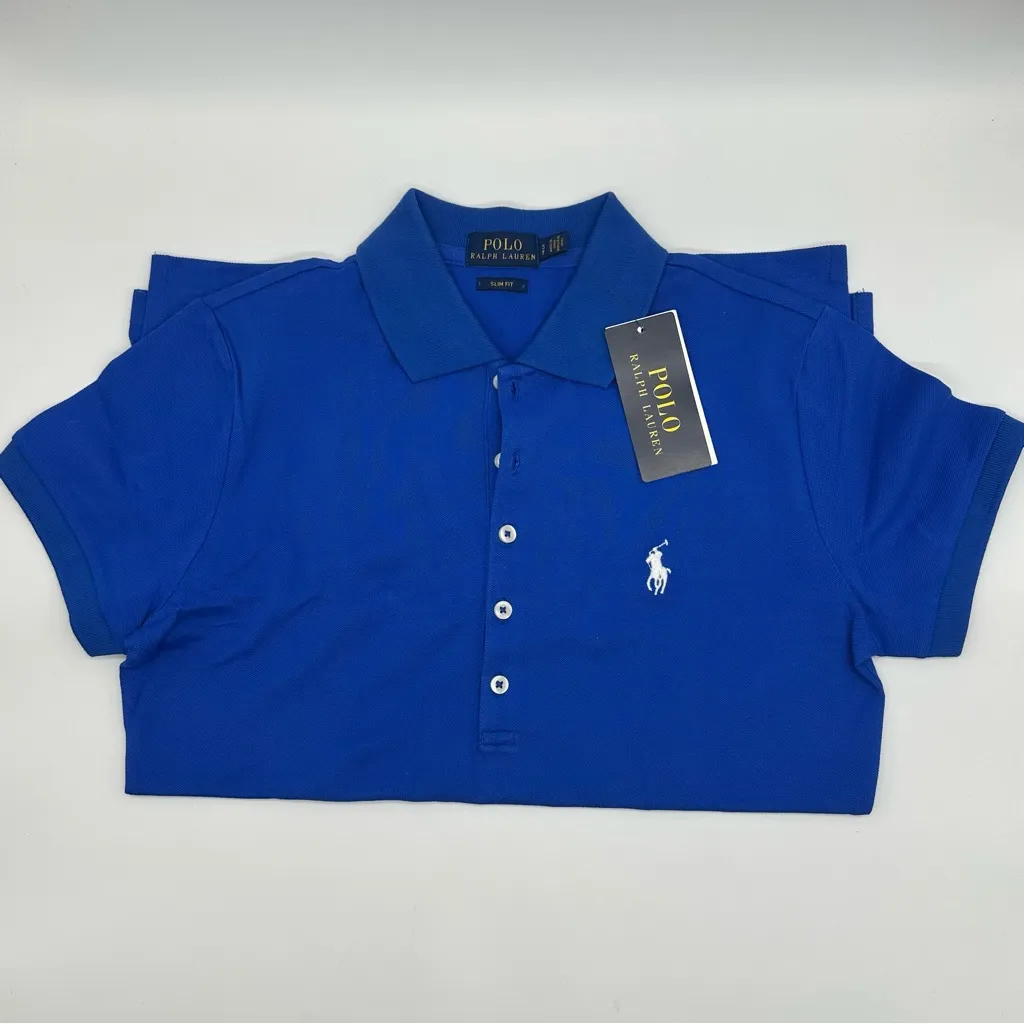 Ralph Lauren Polo Shirt Womens M Blue Slim Fit Preppy Casual College Blue - Image 2