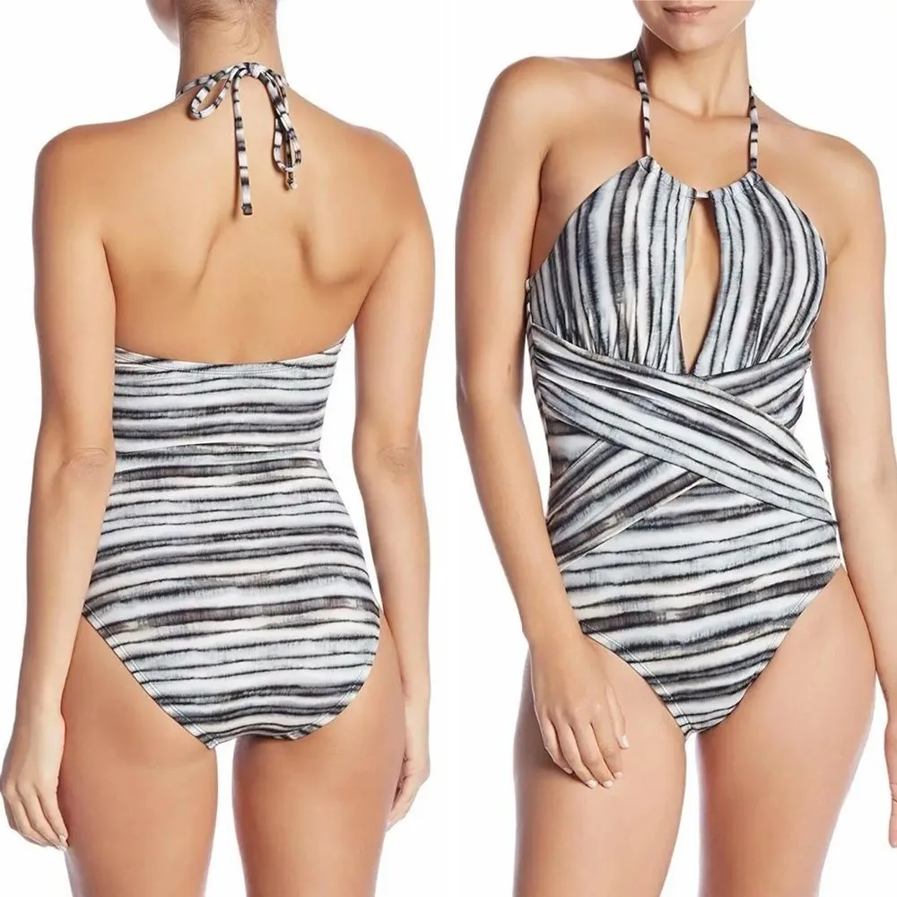 NWT LA BLANCA High Neck Tummy Control One Piece Swimsuit Burch Gray Ivory Size 6 - Image 2