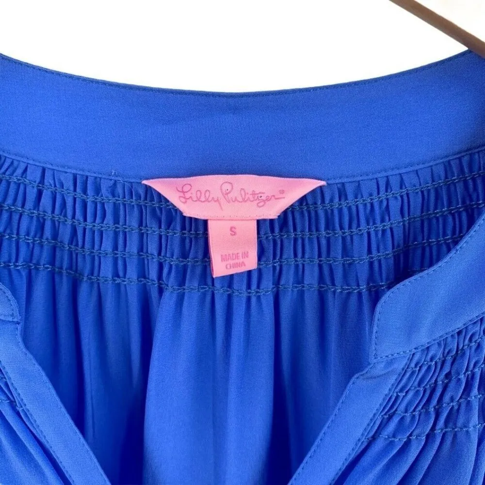 Lily Pulitzer Elsa Blue Silk Gathered Blouse S - Image 3