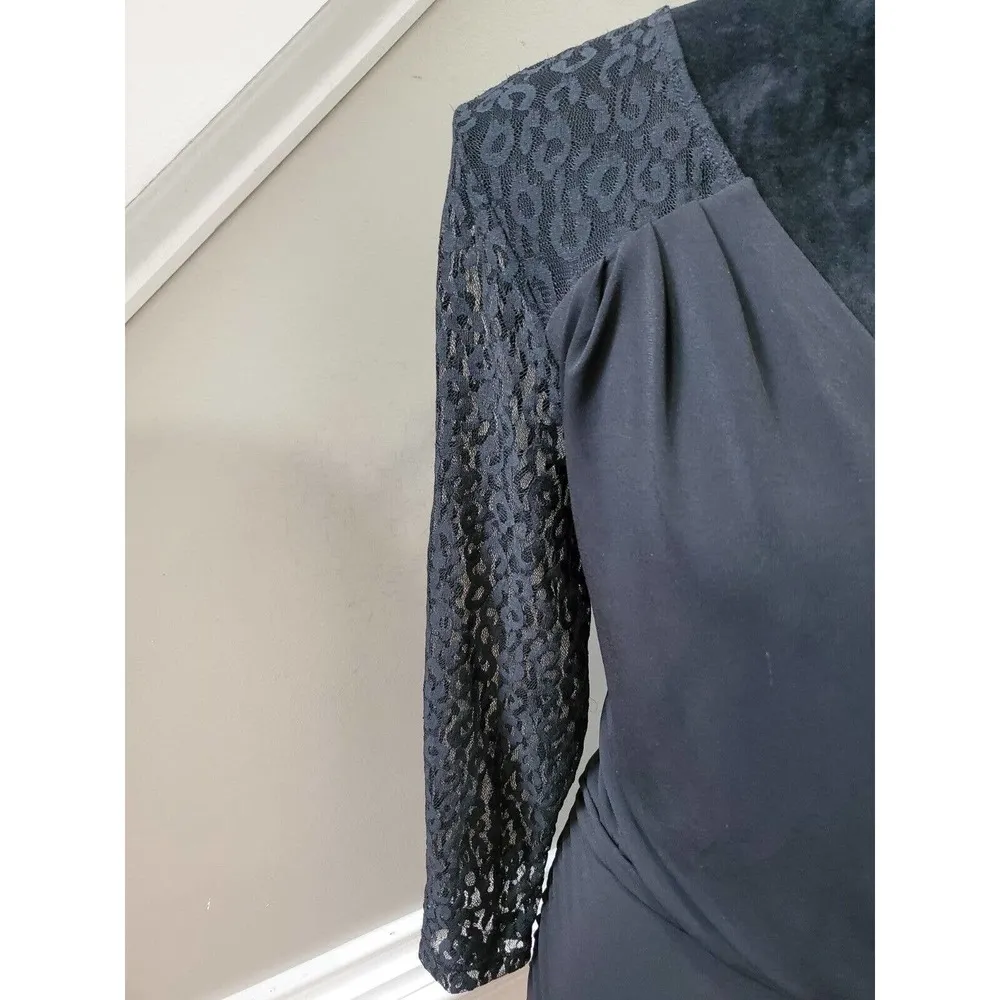 Thalia Sodi Black Solid Polyester V-Neck Lace Long Sleeve Knee Length Dress L/G - Image 6