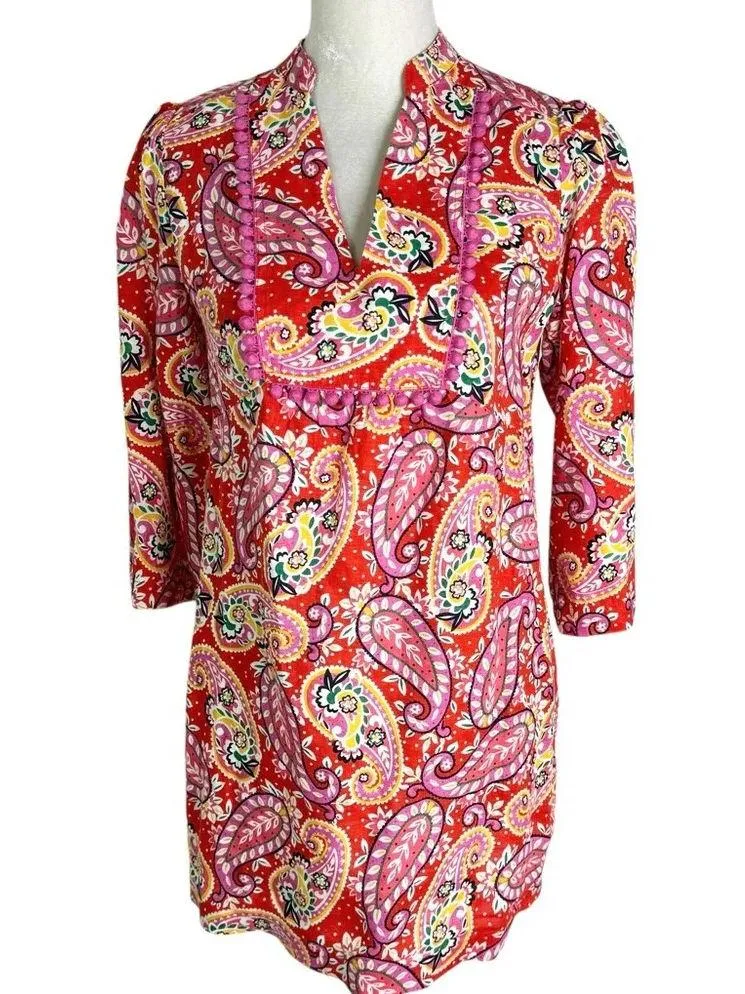 Boden Evangeline Linen Tunic Dress in Red Pop Mexican Paisley Size 4 petite - Image 6
