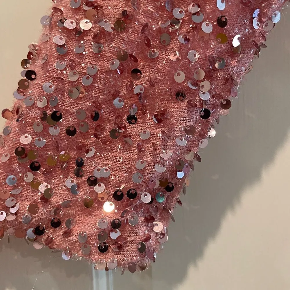 Giffnsetti Formal One‎ Shoulder Long Sleeve High Split Maxi Pink Sparkle Medium - Image 4