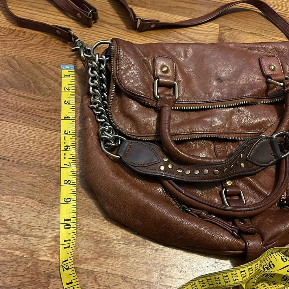 Sabina Fold Over Chain Metal Leather Brown Crossbody Boho Purse Bag Retro - Image 2