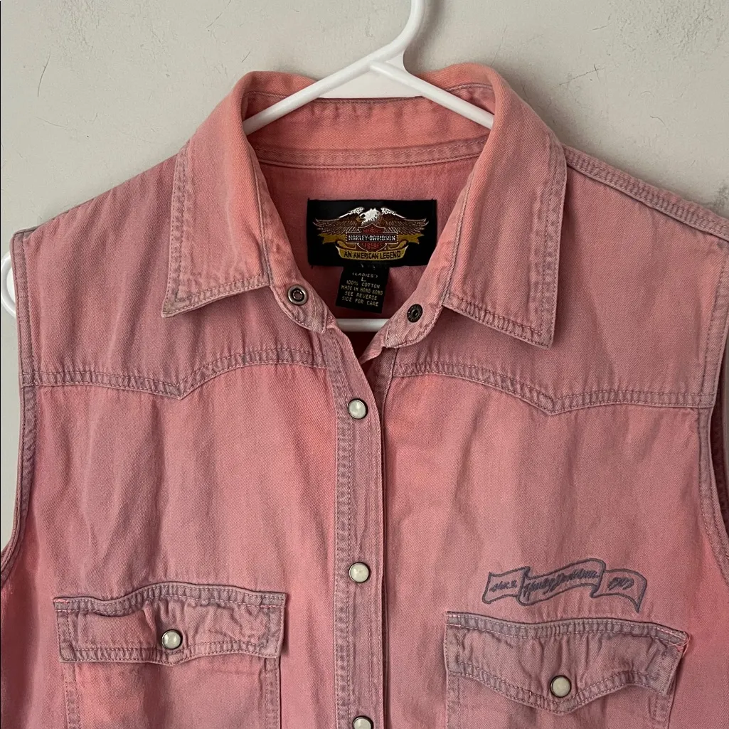 Harley Davidson Women’s Pink Pearl Snap Sleeveless Biker Vest, size Large # - Image 7