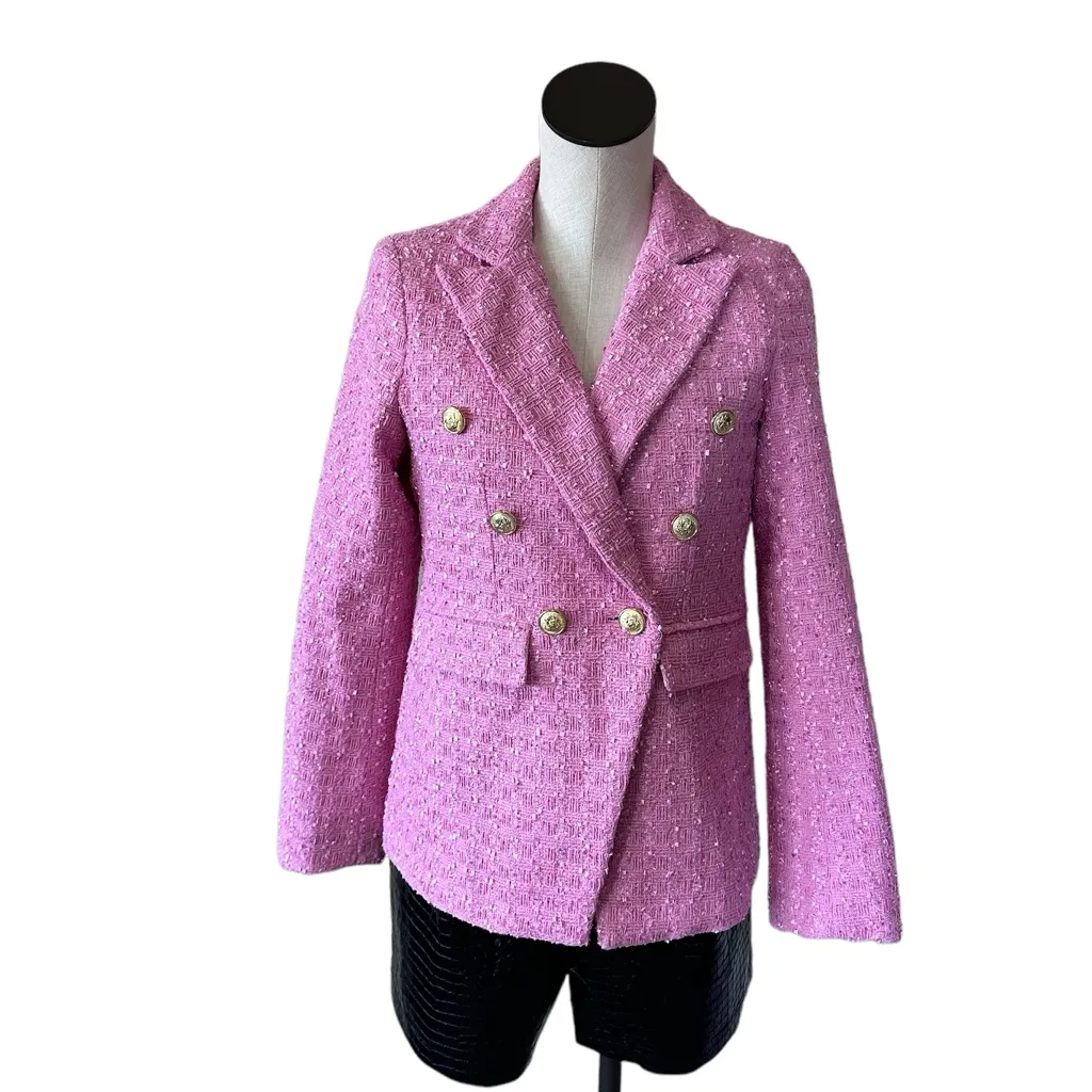 NWOT Dolce Cabo Double Breasted Boucle Jacket Tweed Pink Size M - Image 7