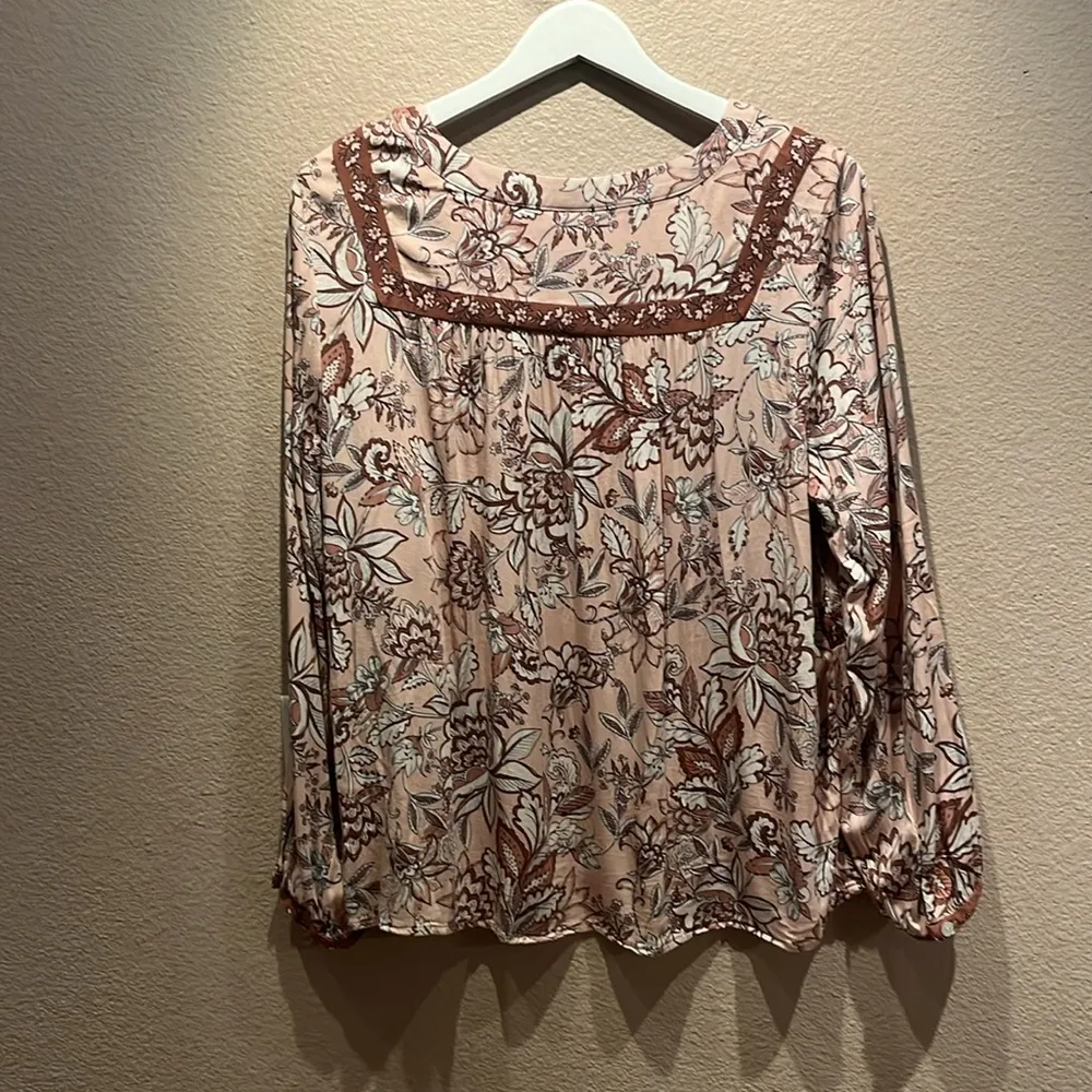 J Jill Women’s Pink and Brown Floral Peasant Blouse Size Large Petite LP PL Tan - Image 7