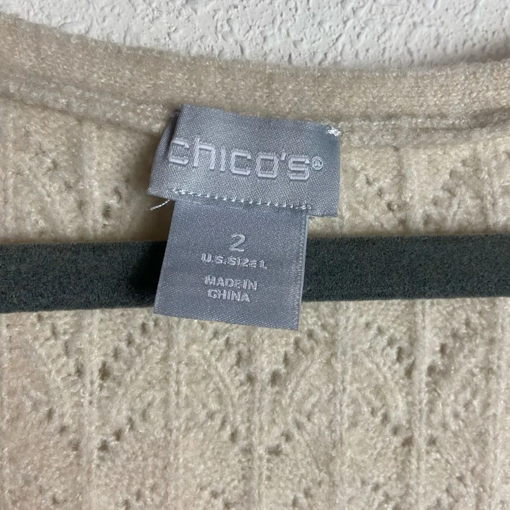 Chico's  Size 2 Oatmeal Drama Cable Pullover V-neck Sweater Large Oversized Cream - Image 6