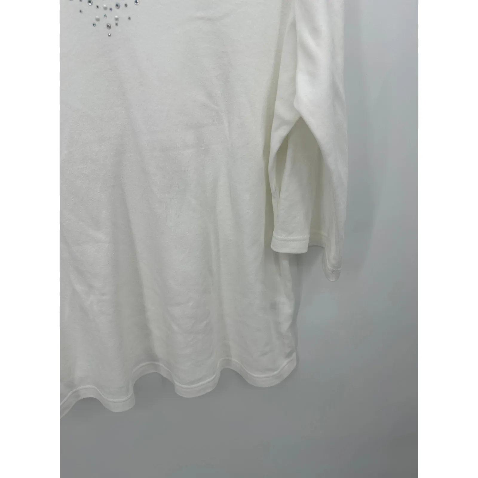 Quaker Factory Women Tunic 1X Cotton White Rhinestones 3/4 Sleeve Stretch Sequin - Image 3