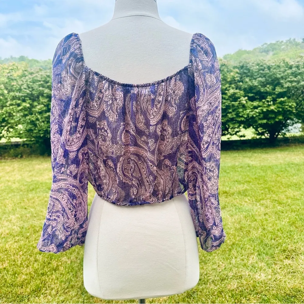 ZARA Purple Cropped Sheer Blouse Top Boho Indie Floral Mauve Ruffle - Image 12