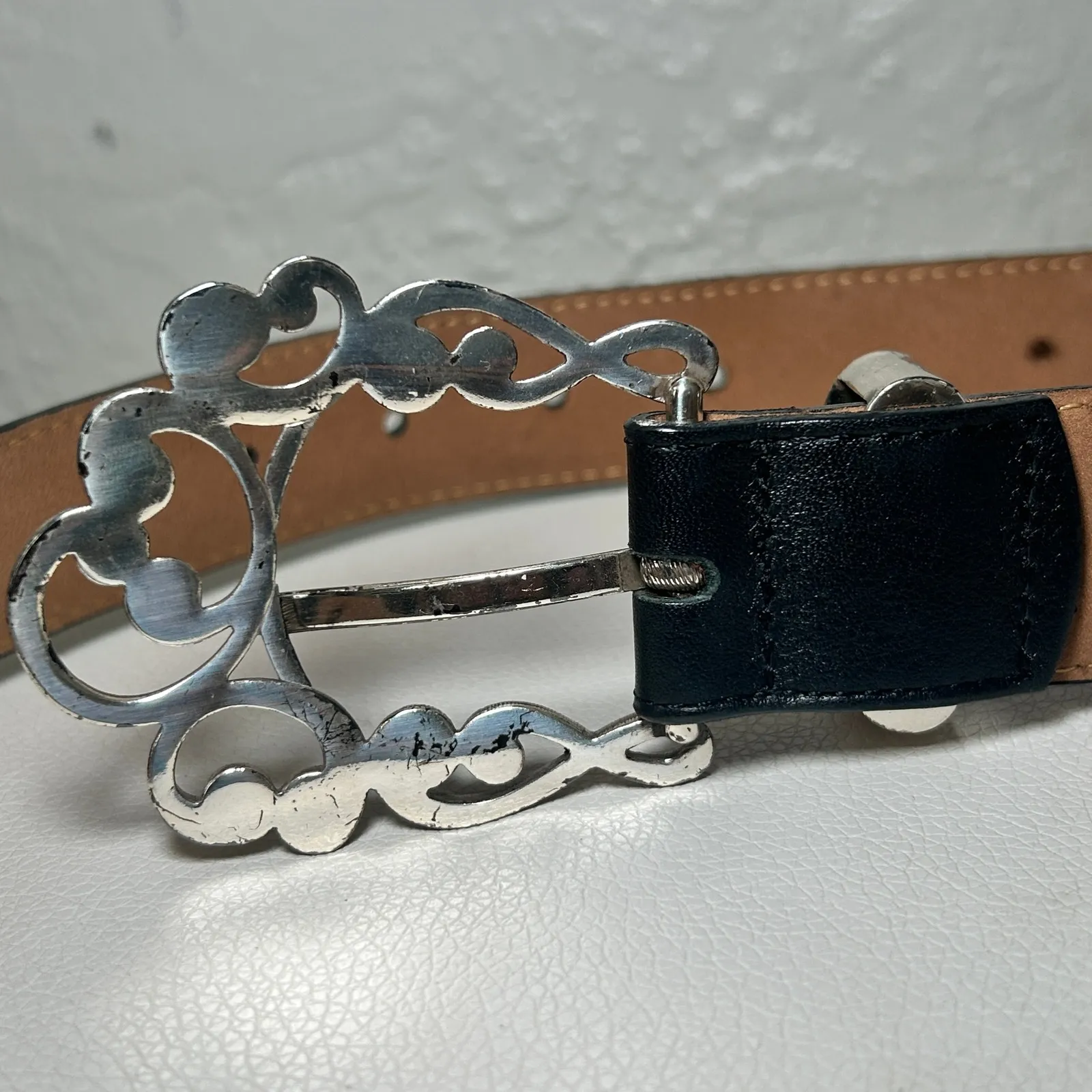 Brighton Black Leather Belt Silver Rhinestone Buckle Western Ornate‎ USA Sz 36 - Image 5