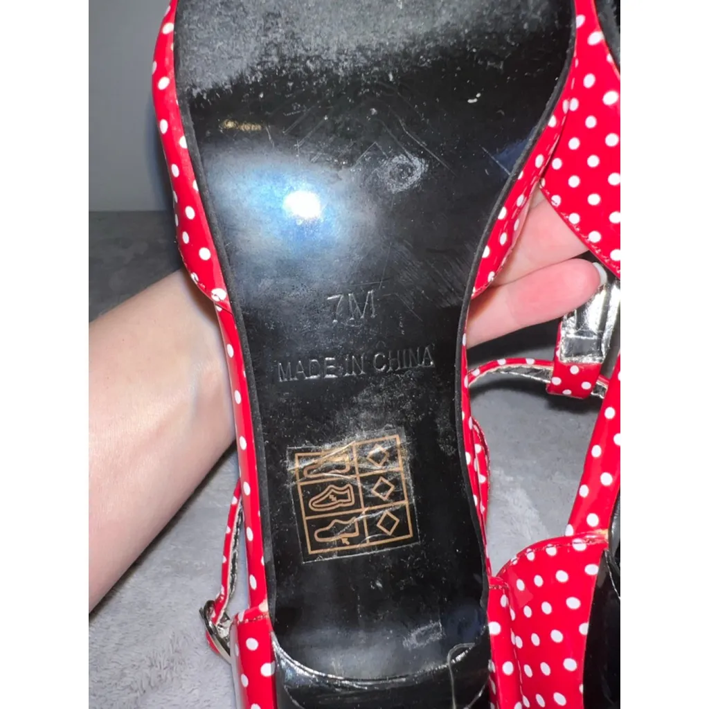 Women's T Strap Red White Polka Dot Kitten Heels Size 7 - Image 7