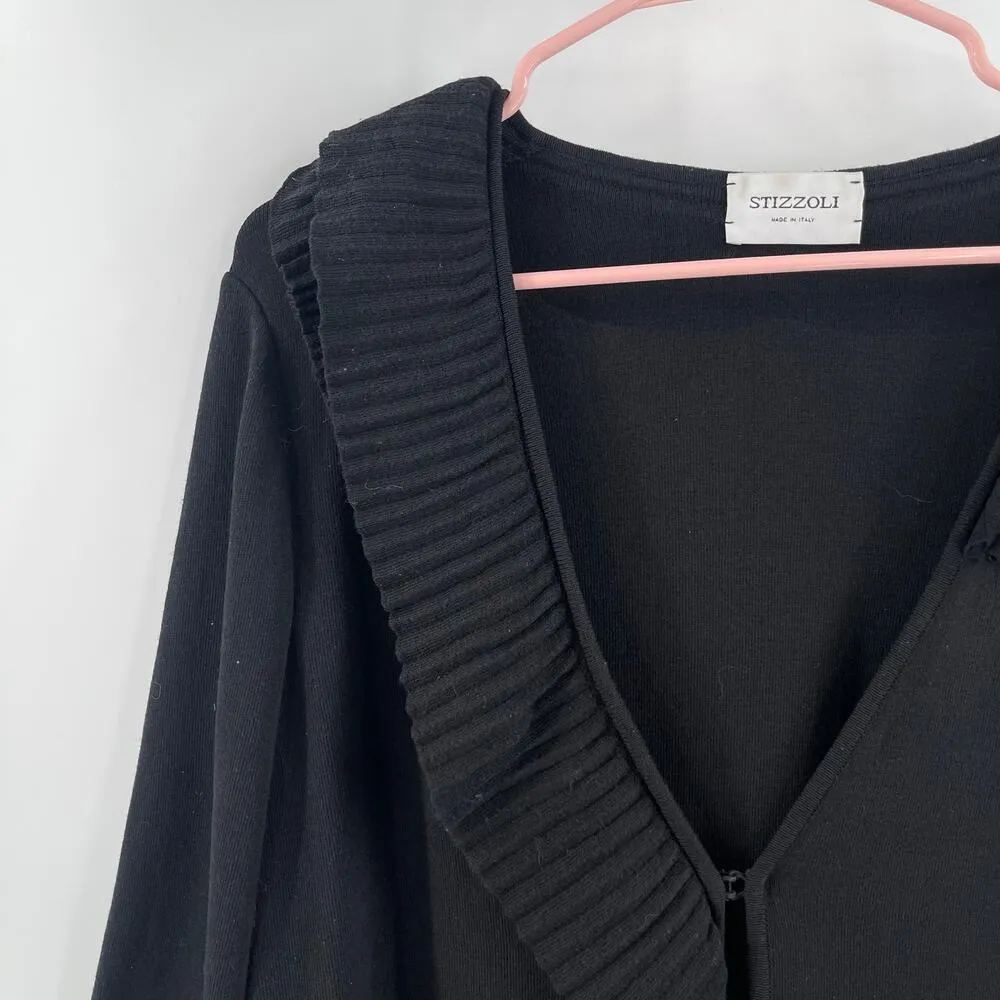 STIZZOLI Cardigan Size 50 (XXL) Sweater Black Made in Italy Asymmetrical Ruffle - Image 4