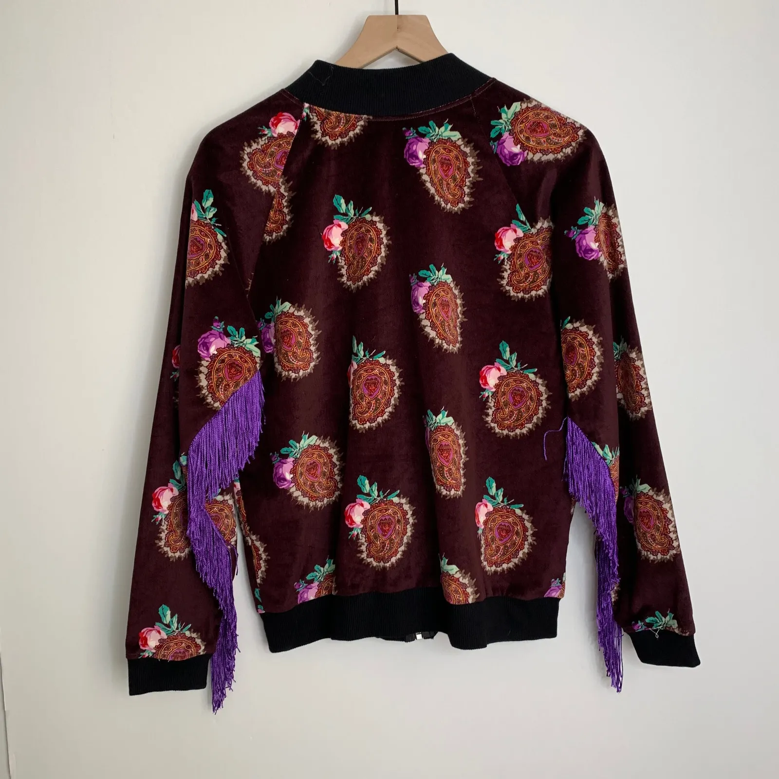 Moon & Nomad Mixed Emotions Velvet Bomber Jacket Burgundy Purple Fringe Medium - Image 2