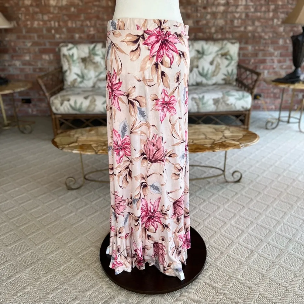 Lascana Maxi Skirt Pink Floral Ruffled Split Front 8 Vacation Brunch Party Mod - Image 7