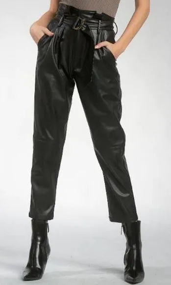 Elan High Waisted Faux Leather Tapered Leg Paperbag Pants Black Women's Size XS - Image 1