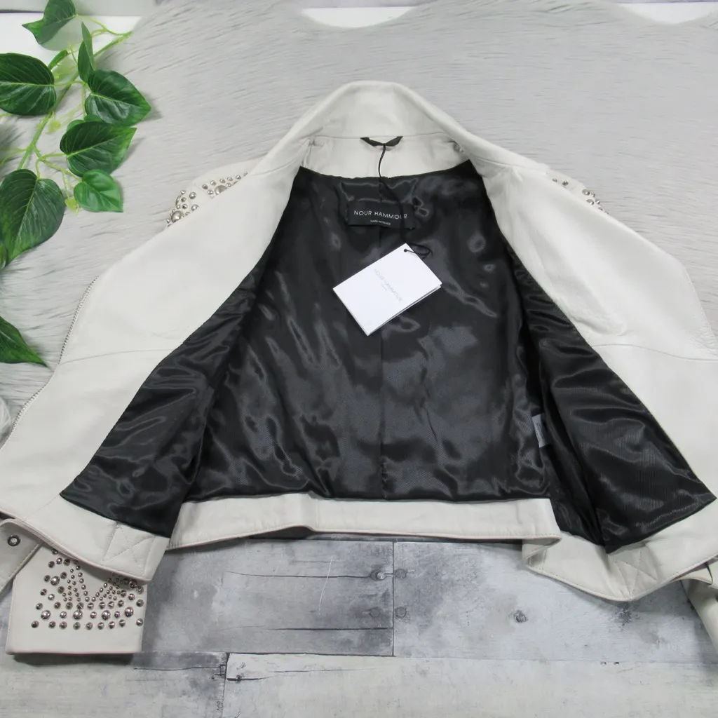 NOUR HAMMOUR White Studded Lambskin Leather Moto Jacket Women's 42 US Size 10 - Image 9