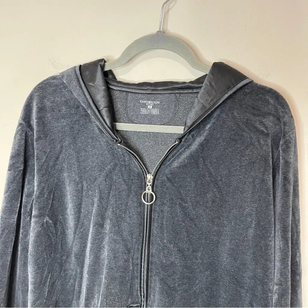 JONES NY SPORT Gray Velour Full Zip Hoodie Satin-Lined Hood, XL - Image 2