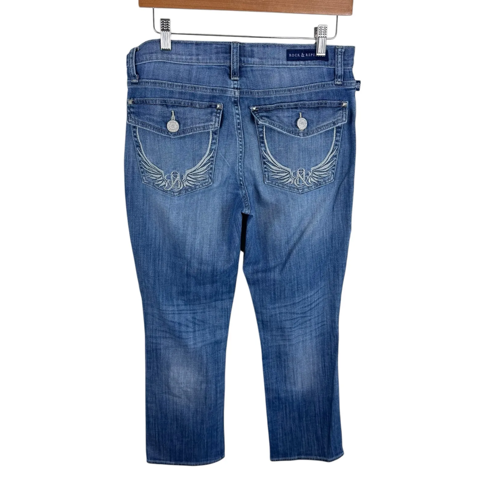Rock & Republic Kendall Medium‎ Wash Angel Wing Embroidery Cropped Jeans Size 12 - Image 2