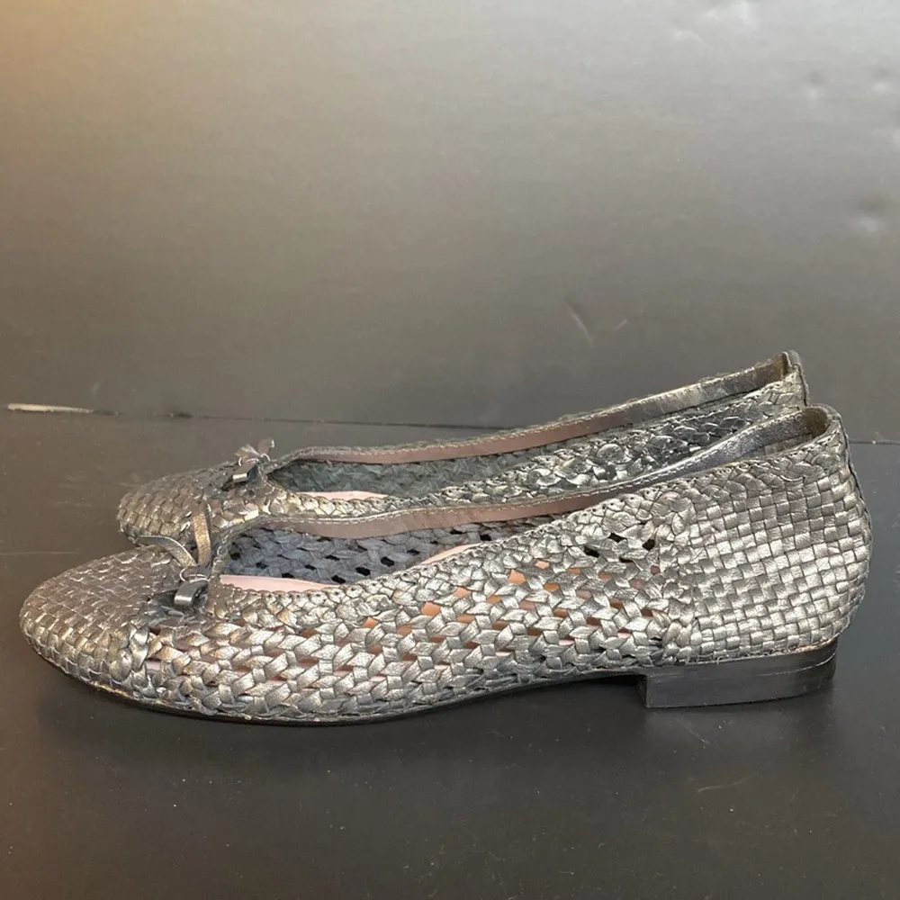 Taryn Rose Leather Woven Ballet Flats Gray Silver Metallic Pewter Size 9.5 - Image 4
