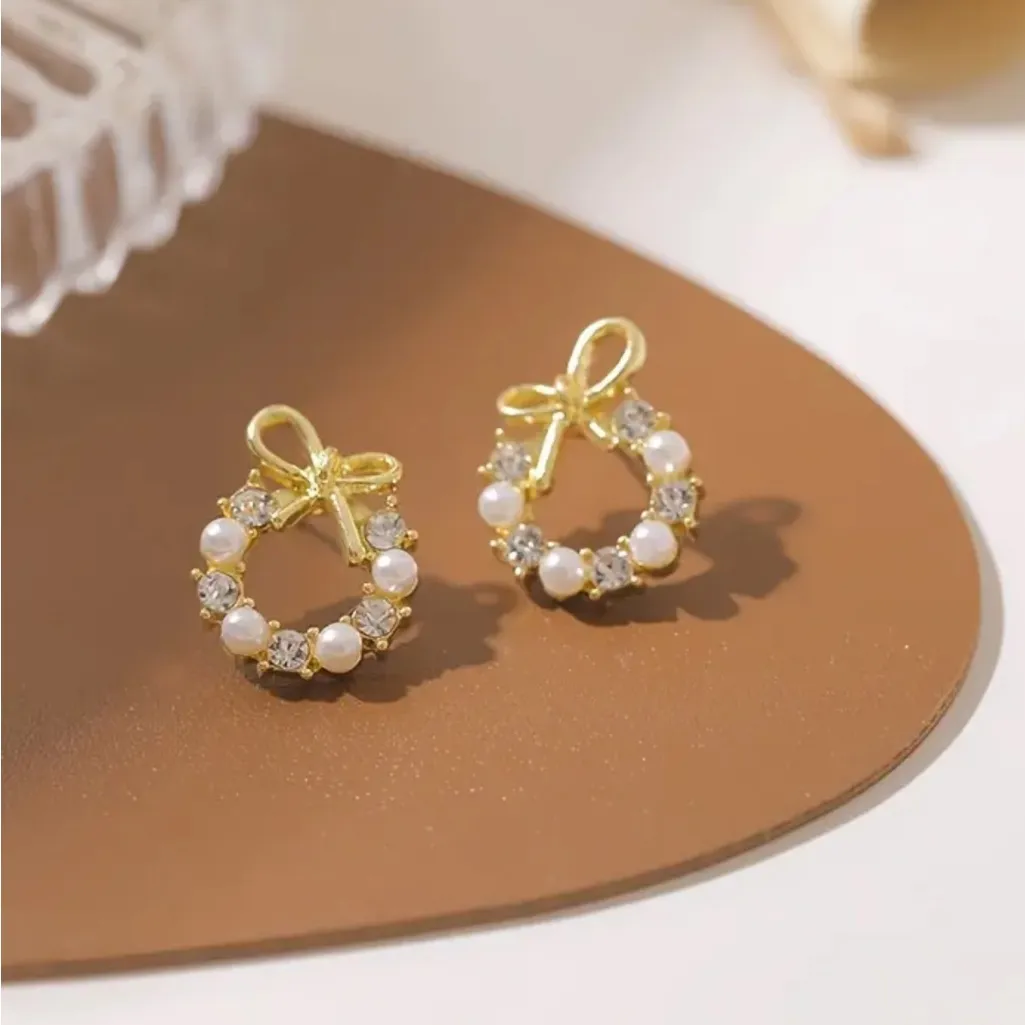 Wreath Bohemian Imitation Zirconia & Pearl Style Bowknot Fashion‎ Stud Earrings Gold - Image 9