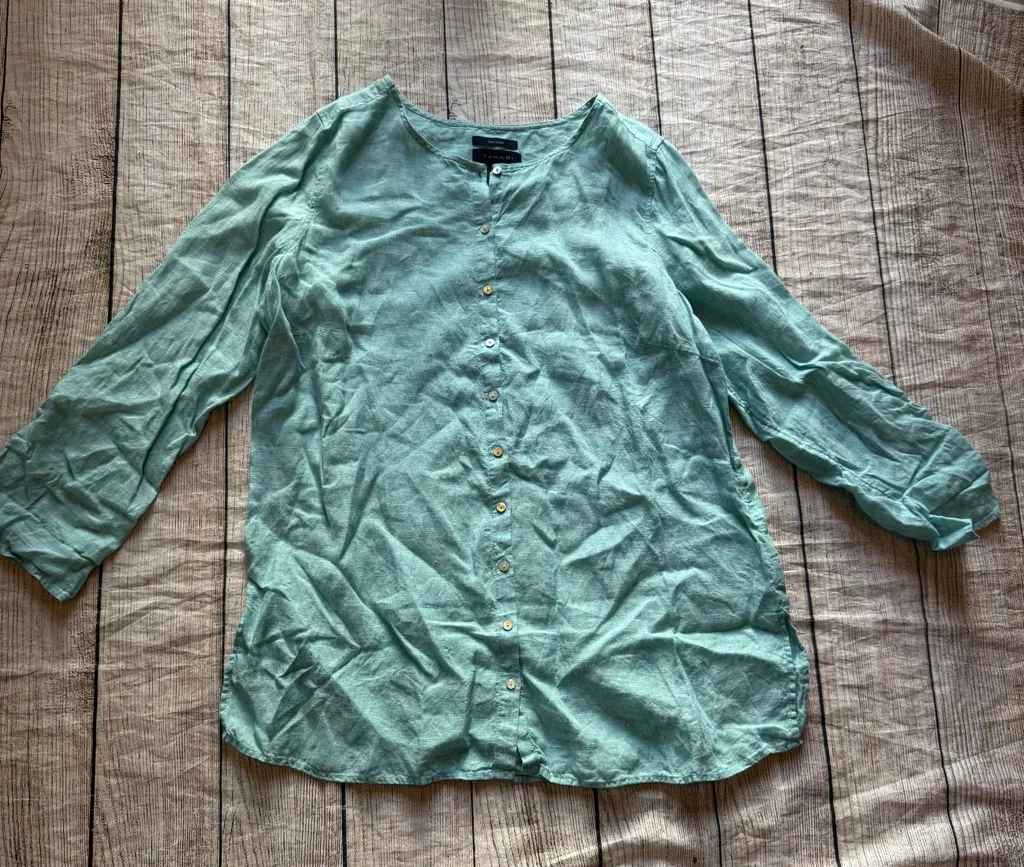 Tahari 100% Linen Button up Shirt Roll Tab Sleeve Teal Blue Women's Size 1X - Image 1