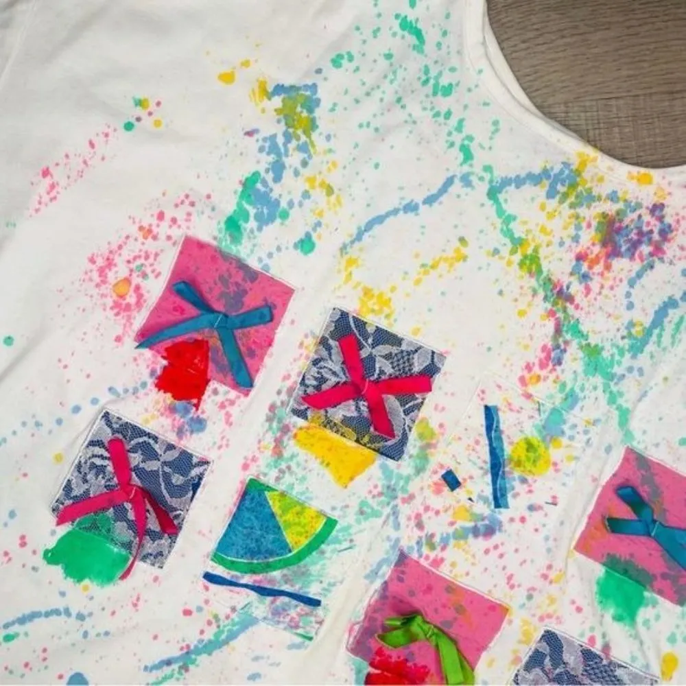 Vintage fresh ideas paint splatter rainbow pastel t shirt w/ bows 90s 22w Red - Image 3