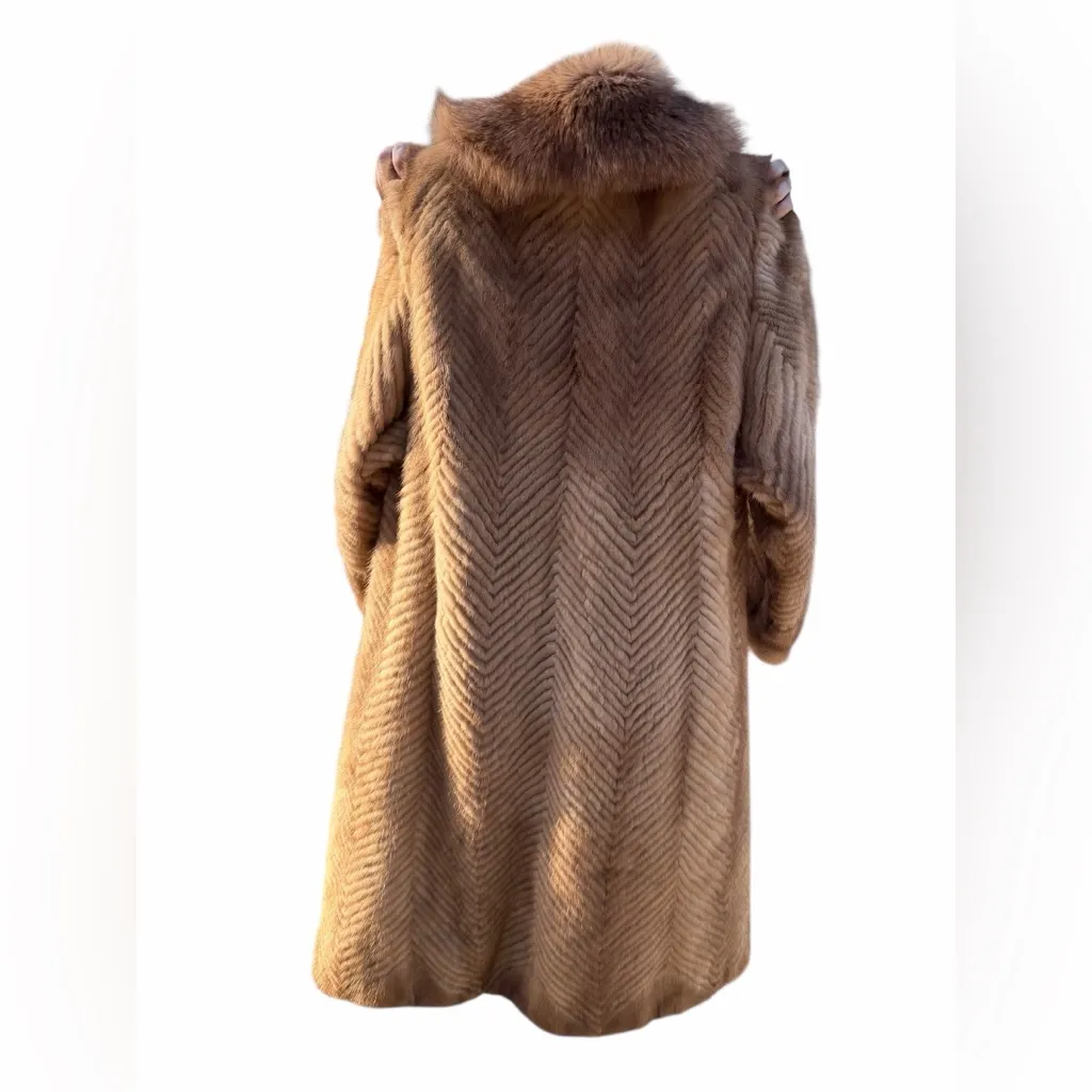 RARE Authentic SAGA Mink Fur Long Coat Camel Brown Herringbone SAGA Fox Trim M Size M - Image 5