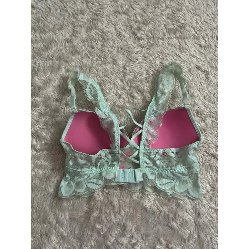 Victoria's Secret XS Lace Push Up Bralette Strappy Racer Bra Blue SIlver Star - Image 4