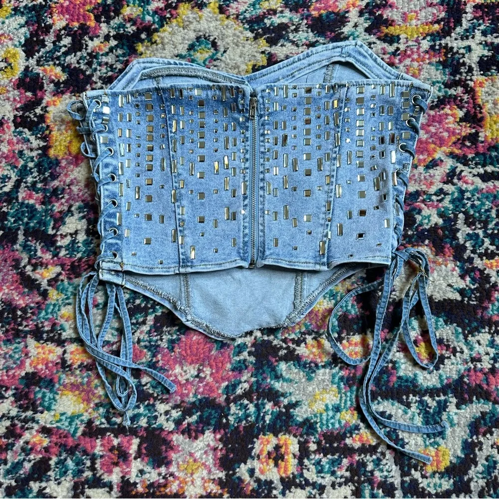 Akira Rhinestone Embellished Side Tie Strapless Denim Top Womens Large Blue - Image 6