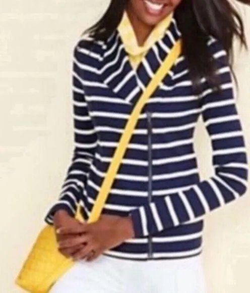 Talbots navy striped knit moto jacket size large - Image 2