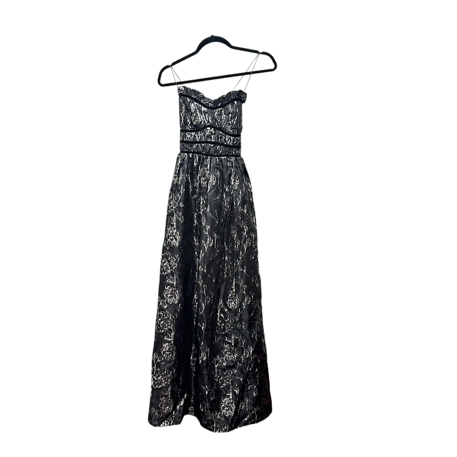 Lulus Sleek Shine Black and Silver Floral Jacquard Lace-Up Maxi Dress - Image 5